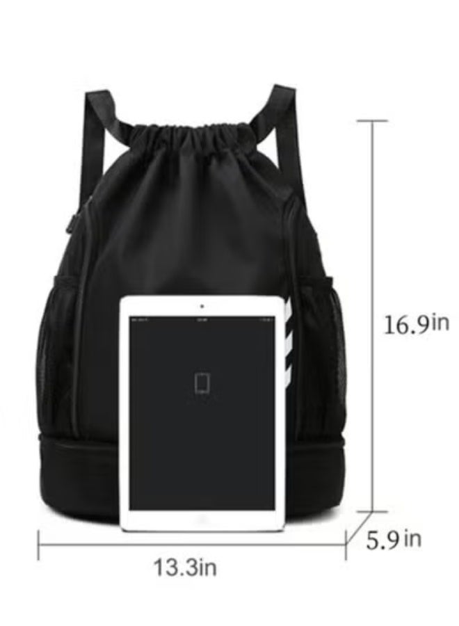 Sports Backpacks Large Capacity Drawstring Lightweight and Waterproof Convenient String Swim Gym Bag with Shoes Compartment and Wet Proof Pocket for Kids WomenMen (Black) - Image 1