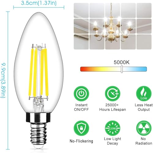 Yochoice 12-Pack Dimmable E12 LED Candelabra Bulbs 40Watt Equivalent, 5000K Daylight White, 450Lumens, 4W B11 Vintage Chandelier Light Bulbs, LED Filament Clear Glass Candle Lamp for Ceiling Fan Home Decor - Image 4