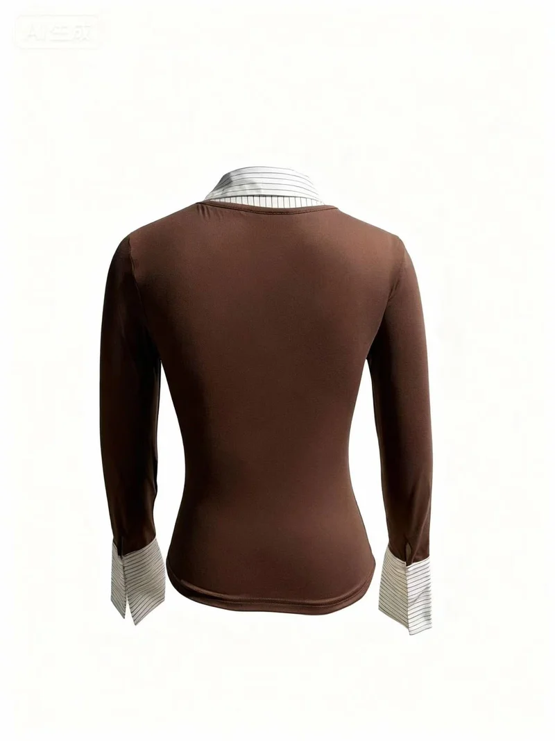 Outzidr  Brown Full Sleeve Contrast Collar Fitted Top for Women | Best Price UAE