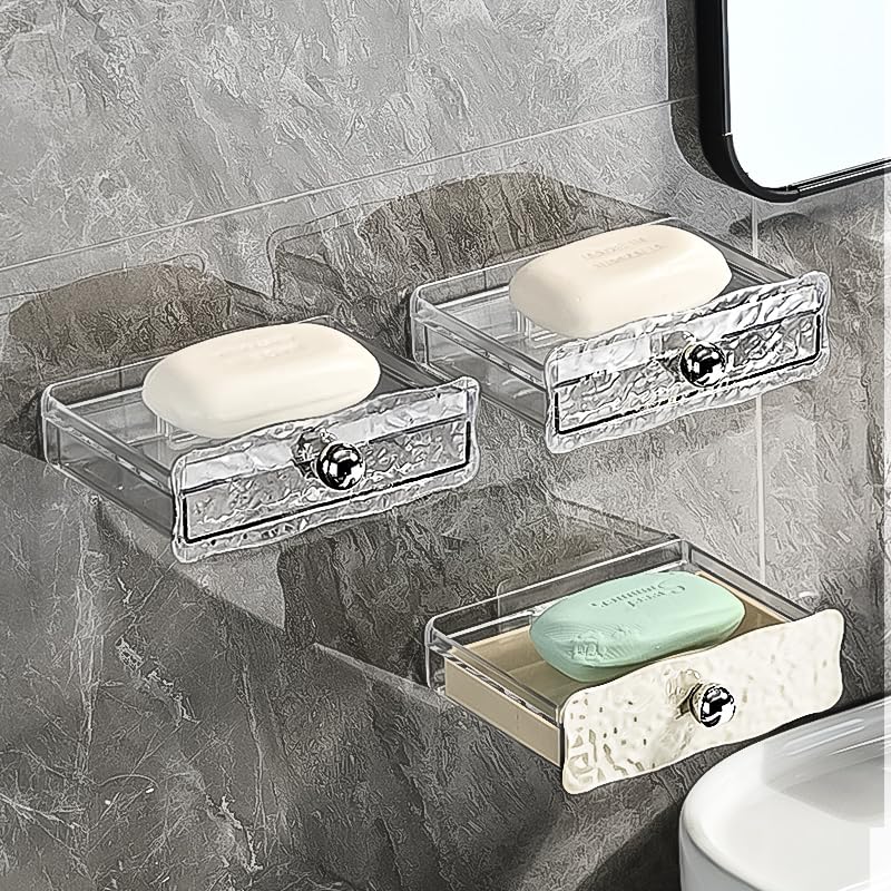 Azelf Adhesive soap Holder for Bathroom Self Draining Acrylic Soap Dish Holder Drill- Free soap case for Bathroom Kitchen Sink soap Stand Pack Luxurious Look - Image 2