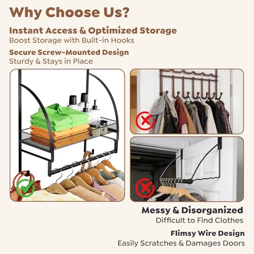 Kaiferty Over The Door Clothes Hanger Drying Rack Over Door Drying Rack with Storage Basket and Hooks for Hanging Towels Coats Clothes Door Hanger Organizer for Bathroom Laundry Dorms Washroom Black - Image 3