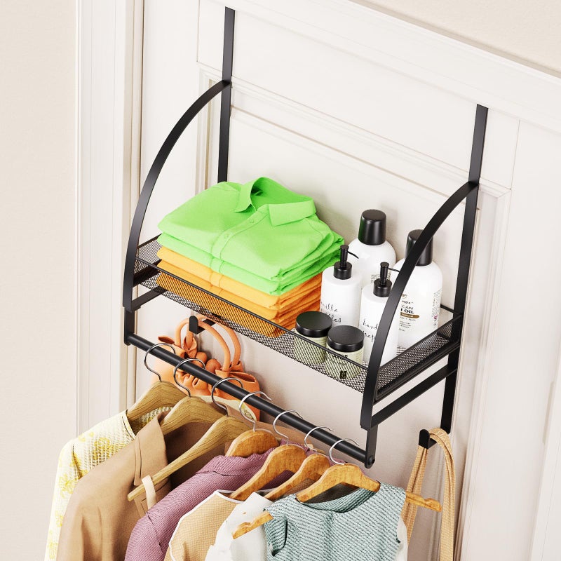Kaiferty Over The Door Clothes Hanger Drying Rack Over Door Drying Rack with Storage Basket and Hooks for Hanging Towels Coats Clothes Door Hanger Organizer for Bathroom Laundry Dorms Washroom Black - Image 2