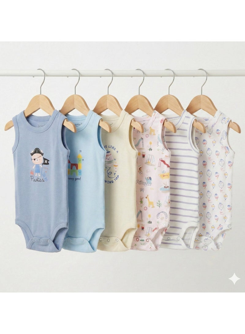 Junior Sleeveless Bodysuits 6-Pack, Pirate & Playground Prints, Striped & Solid Colors, 100% Cotton - Baby Boy - Image 2