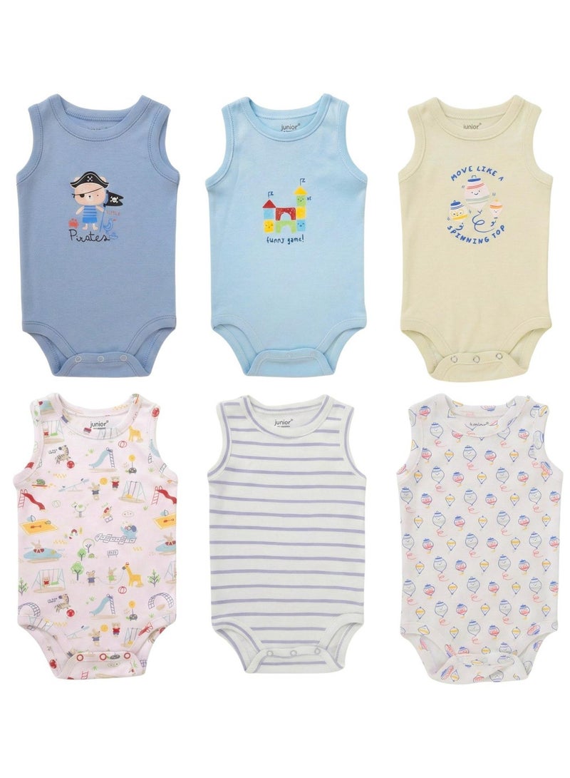 Junior Sleeveless Bodysuits 6-Pack, Pirate & Playground Prints, Striped & Solid Colors, 100% Cotton - Baby Boy - Image 1