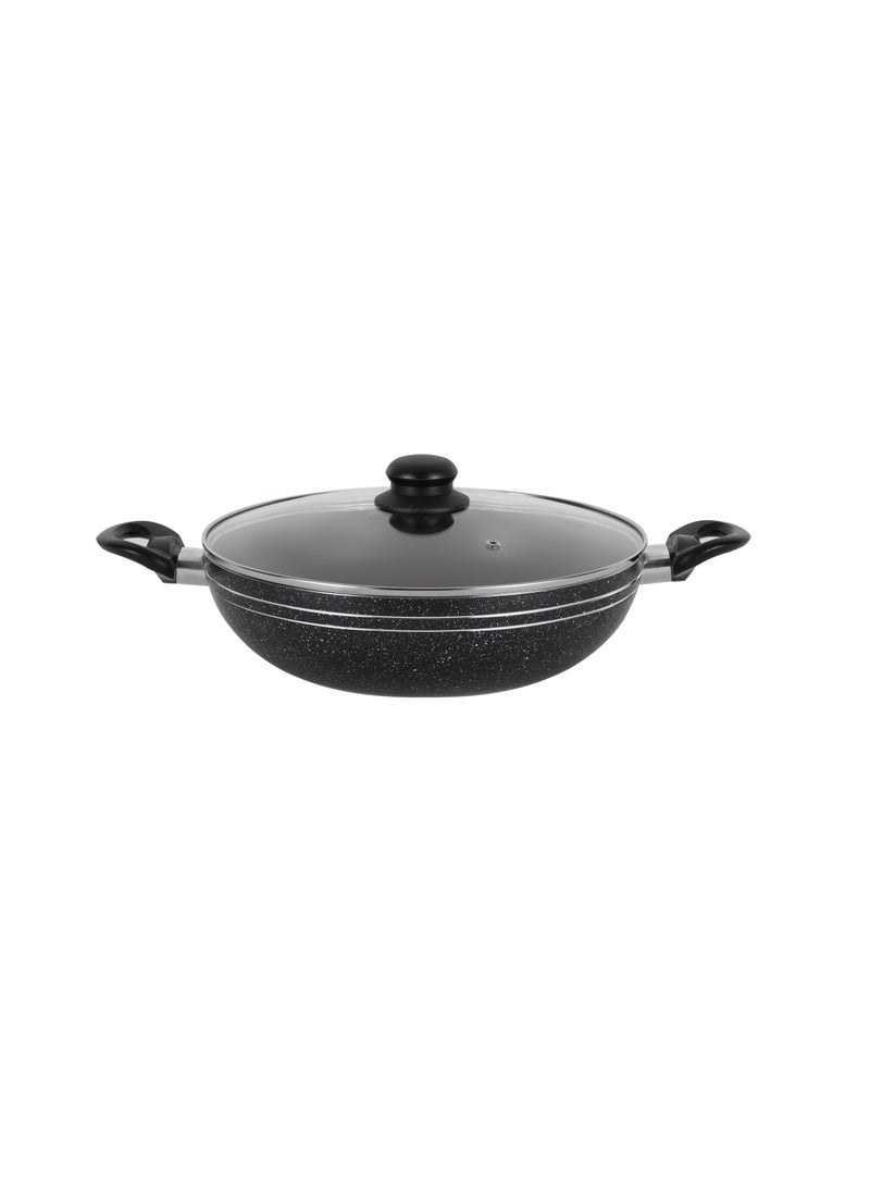 Royalford Elight Series 28 cm Aluminum Wokpan with Nonstick Coating- RF11885/ with Tempered Glass Lid and Soft Touch Bakelite Handles Black - Image 1