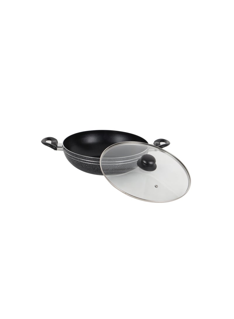 Royalford Elight Series 28 cm Aluminum Wokpan with Nonstick Coating- RF11885/ with Tempered Glass Lid and Soft Touch Bakelite Handles Black - Image 2