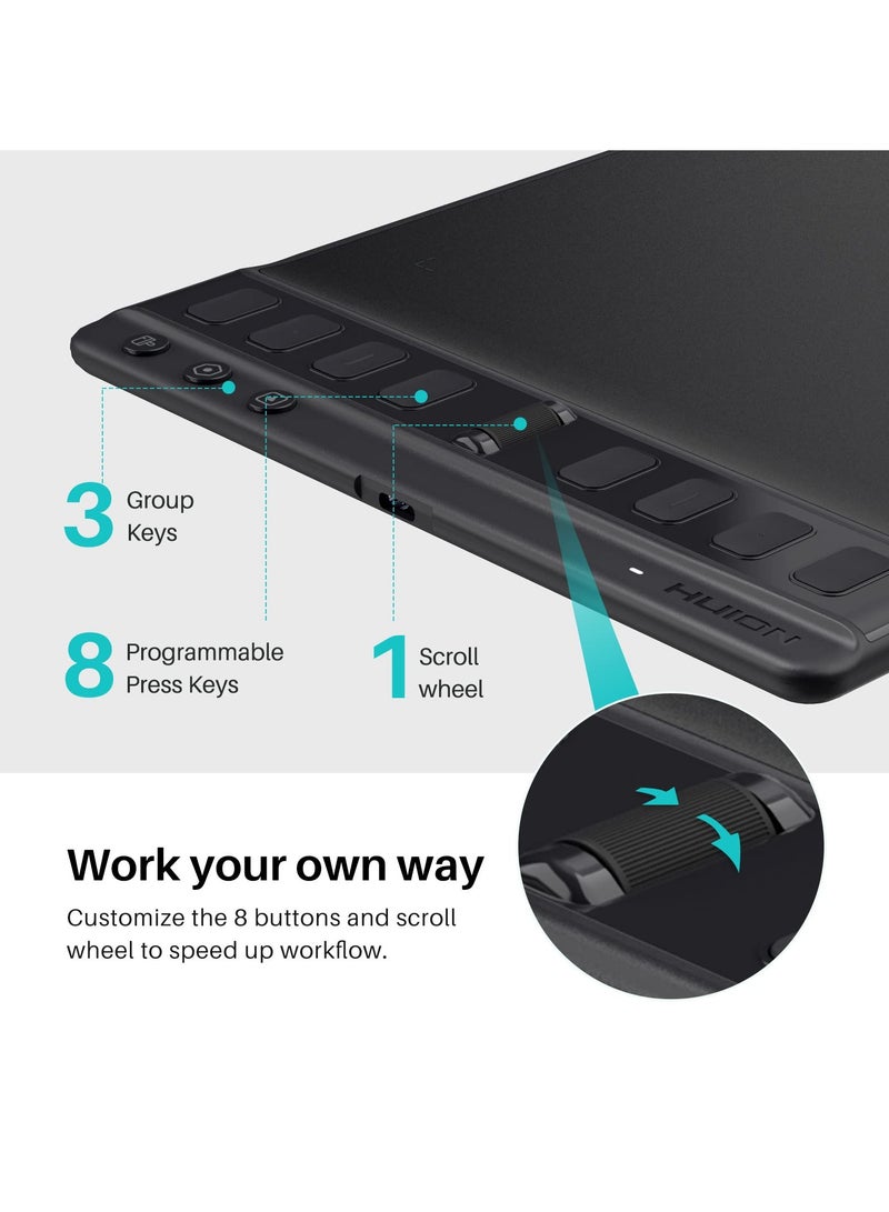 HUION 2023 Inspiroy 2 Medium Drawing Tablet With Scroll Wheel 8 Customized Keys Battery-Free Stylus For Digital Art, Design, Sketch, 9x5inch Graphics Tablet Works With Mac, PC & Mobile Black - Image 3
