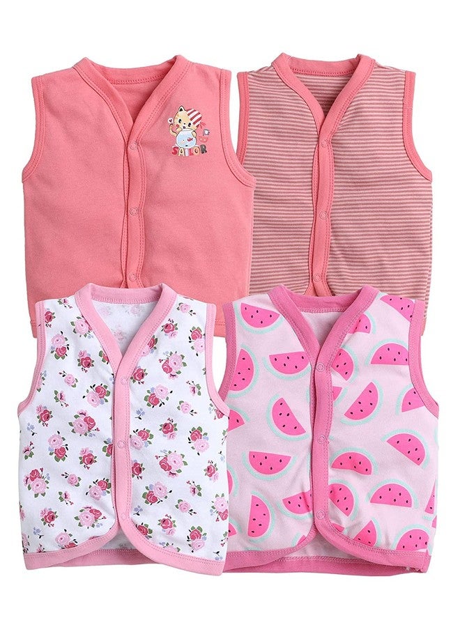TiniBerry Baby Boy's & Baby Girl's T-Shirt Baby Baby Cotton Front Open Sleeveless Vest Tees Jhabala (Pack of 4) (9-12 Months, Pink) - Image 1