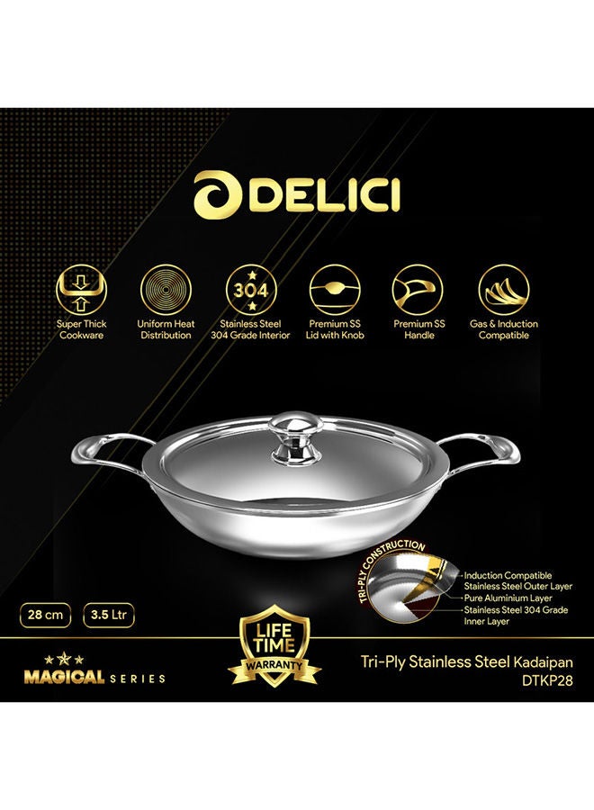 DELICI Tri Ply Stainless Steel Kadai Pan with With Premium Ss Handle - 3.5L Capacity, Riveted Handles, Induction & Oven Safe, Non-Stick, Corrosion Resistant, Dishwasher Safe - Image 2