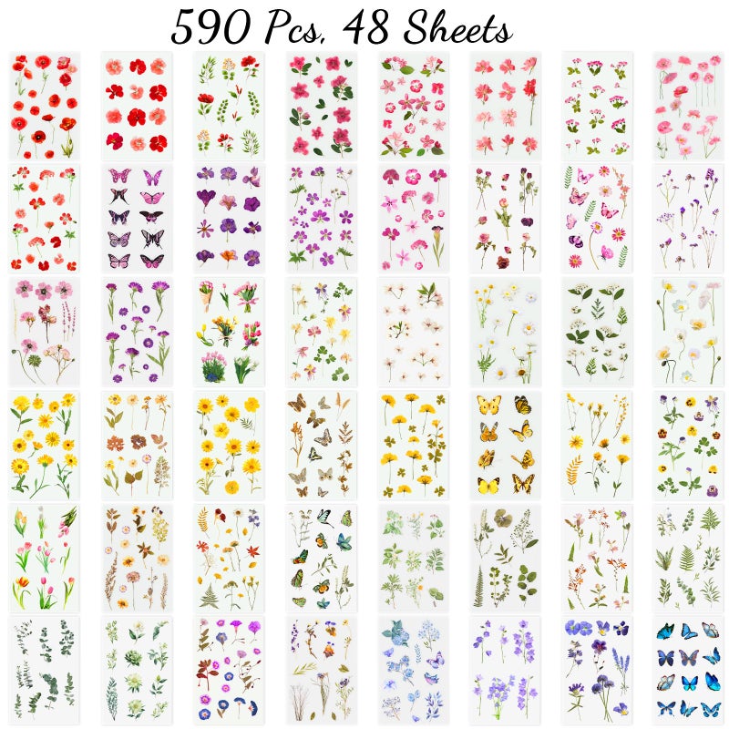Arme Flower Stickers for Scrapbooking(590 Pieces, 48 Sheets),Decorative Floral Stickers, Small Flower Sticker for Adults, Pressed Flowers Sticker's Pack, Colorful Wildflower Sticker for Scrapbooking - Image 3