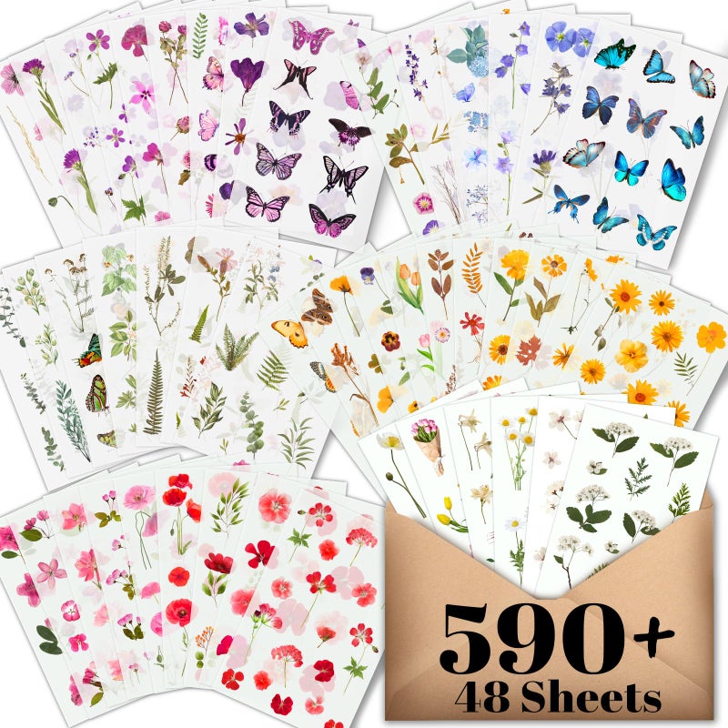 Arme Flower Stickers for Scrapbooking(590 Pieces, 48 Sheets),Decorative Floral Stickers, Small Flower Sticker for Adults, Pressed Flowers Sticker's Pack, Colorful Wildflower Sticker for Scrapbooking - Image 1