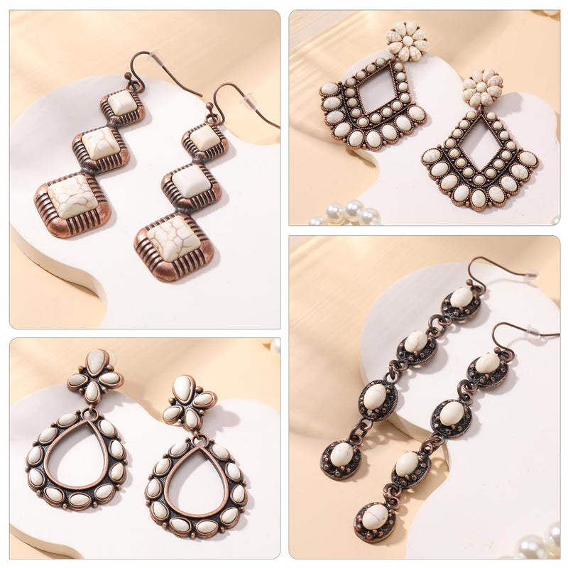 JMScape 6 Pairs Western Turquoise Earrings Set for Women Boho Vintage Dangle Earring Statement Country Cowgirl Jewelry Accessories for Gift (A-White) - Image 5