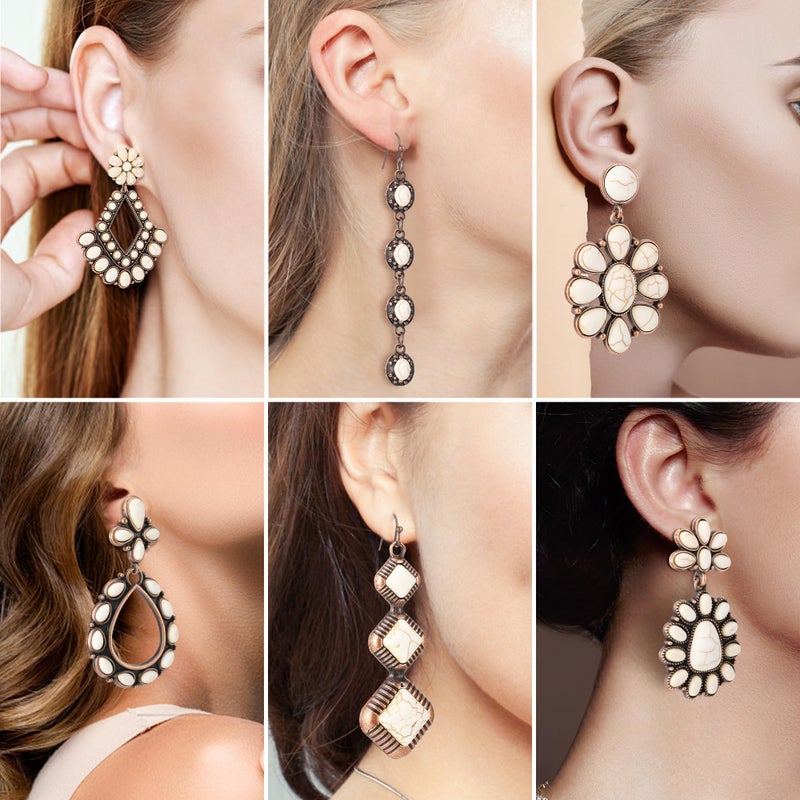 JMScape 6 Pairs Western Turquoise Earrings Set for Women Boho Vintage Dangle Earring Statement Country Cowgirl Jewelry Accessories for Gift (A-White) - Image 3