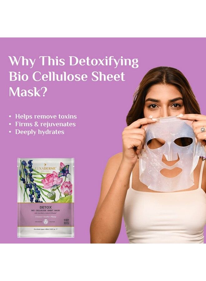 LuxaDerme Detox Bio Cellulose Face Sheet Mask With Antioxidants Acai Berry & Coq10 Serum. Reduces Toxins & Pollutants. Moisturize & Brighten. All Skin Types. 100% Fermented Coconut Jelly. (Pack Of 5)  - Image 3