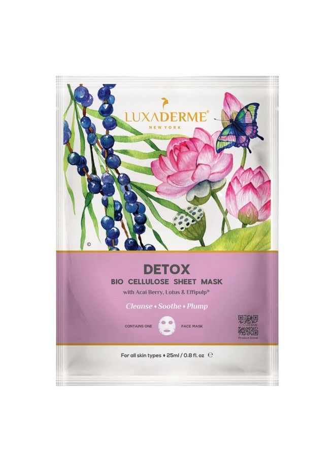 LuxaDerme Detox Bio Cellulose Face Sheet Mask With Antioxidants Acai Berry & Coq10 Serum. Reduces Toxins & Pollutants. Moisturize & Brighten. All Skin Types. 100% Fermented Coconut Jelly. (Pack Of 5)  - Image 1