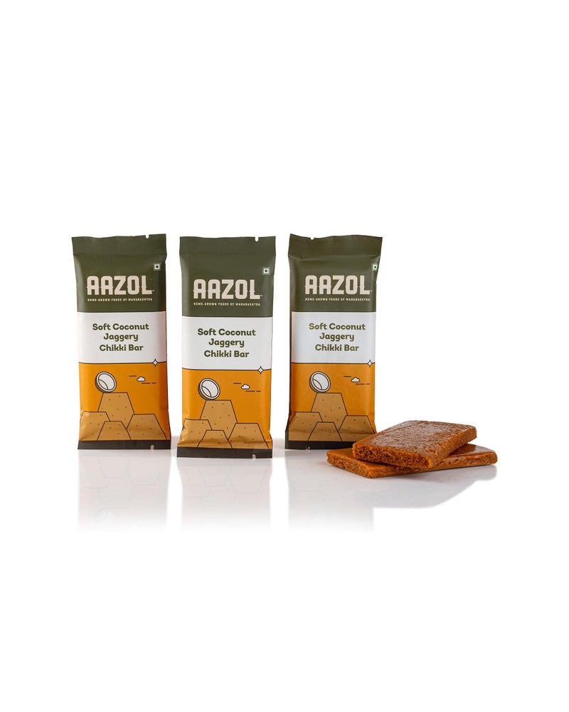 Aazol Soft Coconut Jaggery Chikki Bar (Pack of 3) | High-energy Snacks Bar | Contains Nutritious Coconut and Mineral-rich Liquid Jaggery | Soft Crumbly Texture | No Refined Sugar or Preservatives - Image 1