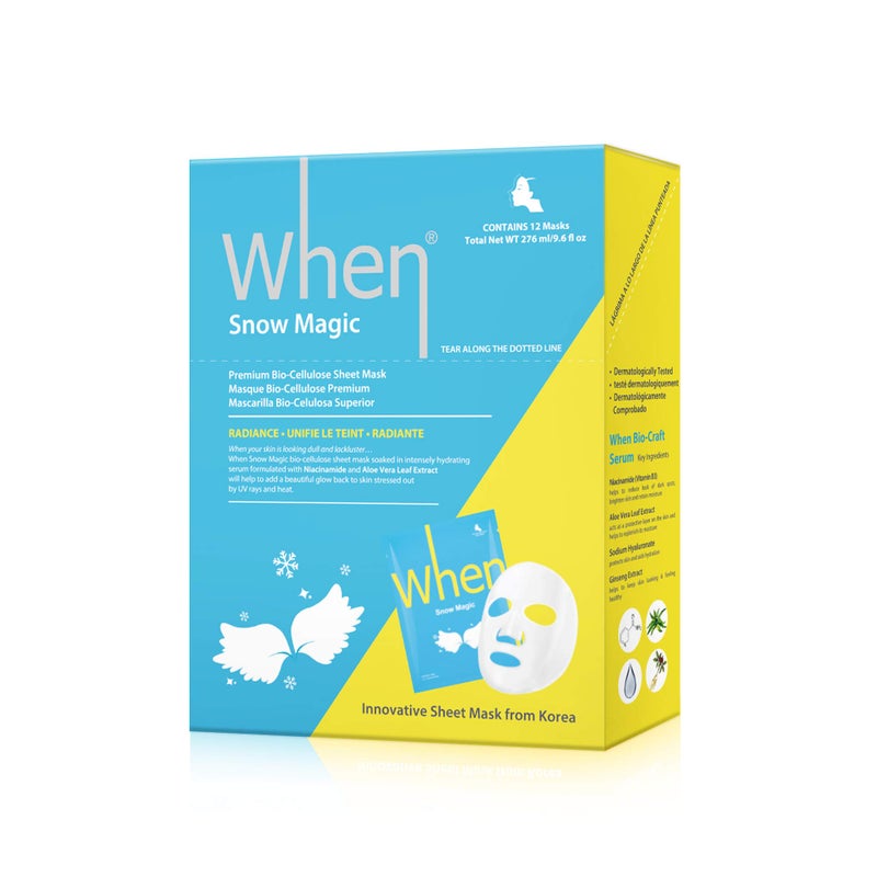 When Radiance BioCellulose Facial Sheet Mask  When Beauty Snow Magic Face Premium Korean Skincare Fine Line Wrinkles Reduce Intensive Hydration Soothing Protection 12 pcs set