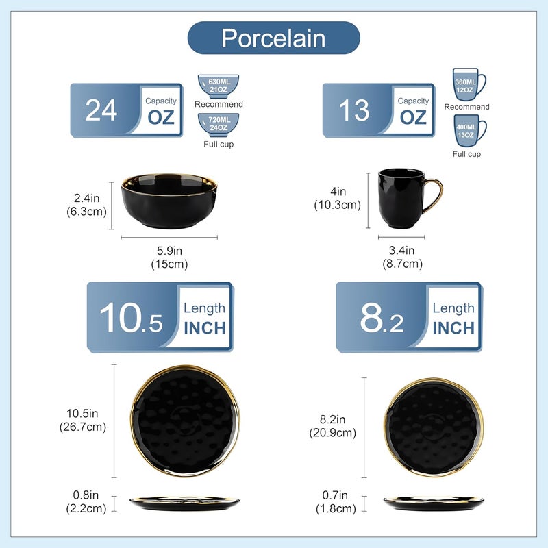 LOVECASA Black and Gold Dishes Sets Stoneware Dinnerware Sets for 4 16 Piece Plates and Bowls Sets Handmade Dinnerware with Gold Trim Dishwasher Safe Dinner Set - Image 2