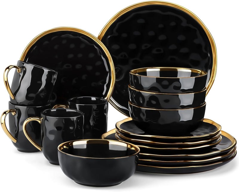 LOVECASA Black and Gold Dishes Sets Stoneware Dinnerware Sets for 4 16 Piece Plates and Bowls Sets Handmade Dinnerware with Gold Trim Dishwasher Safe Dinner Set - Image 1