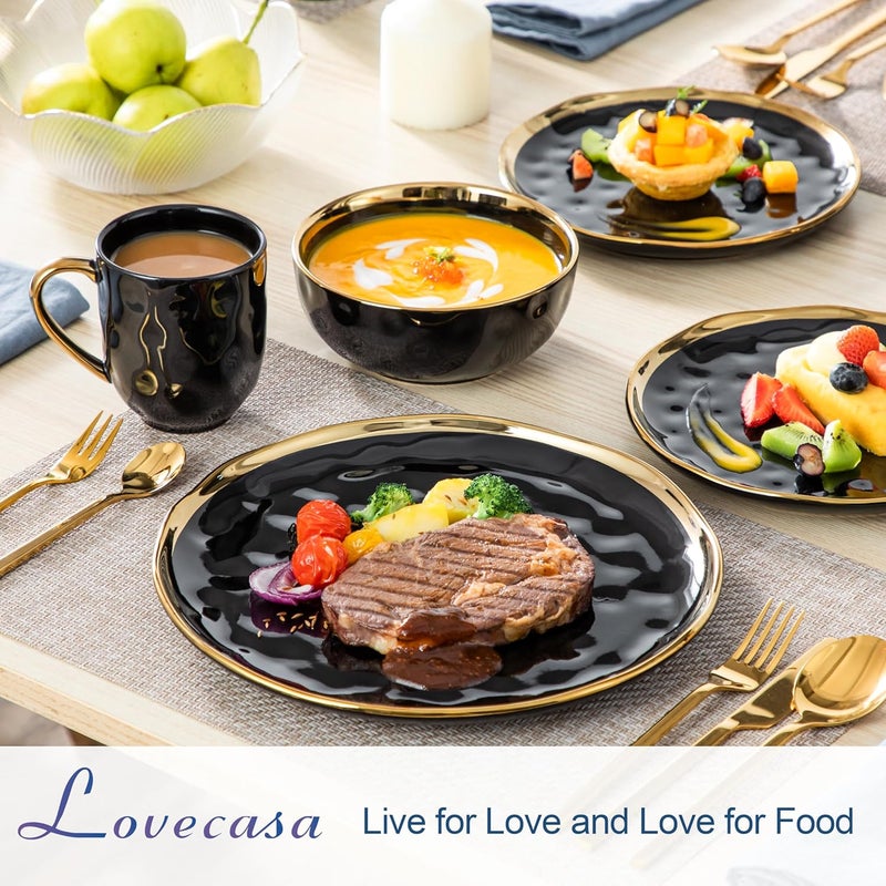 LOVECASA Black and Gold Dishes Sets Stoneware Dinnerware Sets for 4 16 Piece Plates and Bowls Sets Handmade Dinnerware with Gold Trim Dishwasher Safe Dinner Set - Image 4