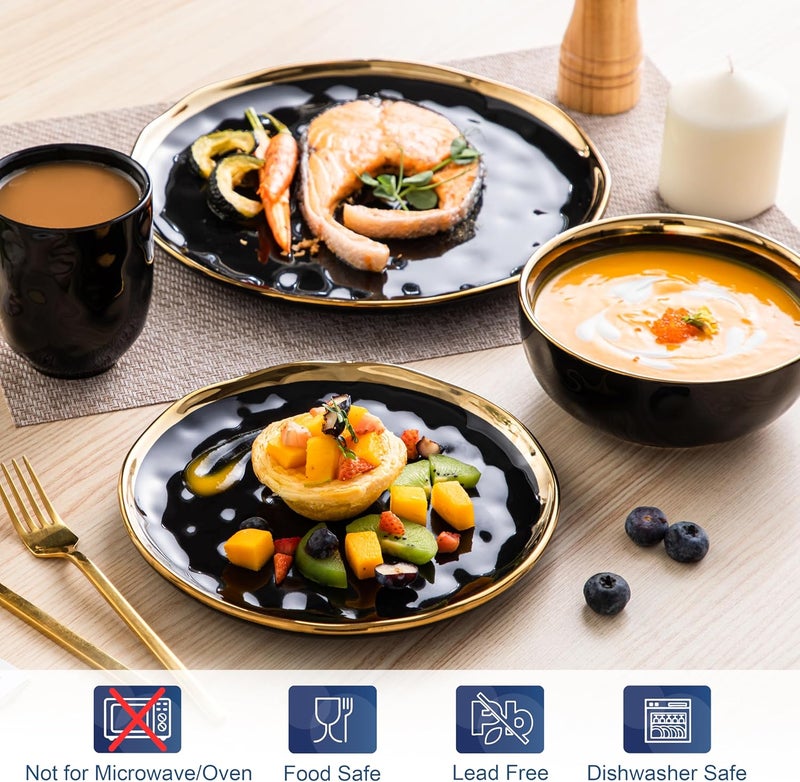 LOVECASA Black and Gold Dishes Sets Stoneware Dinnerware Sets for 4 16 Piece Plates and Bowls Sets Handmade Dinnerware with Gold Trim Dishwasher Safe Dinner Set - Image 3