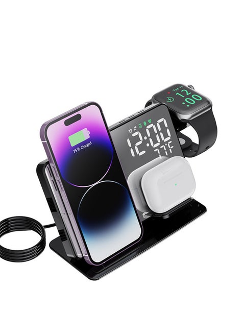 4-in-1 Wireless Charging Station with Digital Alarm Clock and Temperature Gauge - Compatible with iPhone 15/14/13/12, AirPods, Watch Ultra 9/8/7/6/5, and Galaxy S23-S7