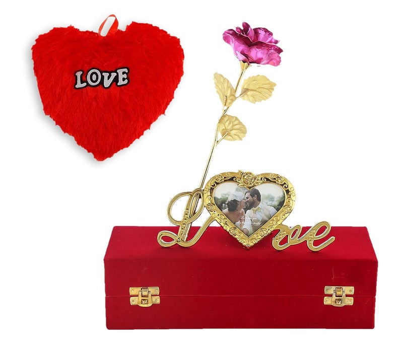 INTERNATIONAL GIFT INTERNATIONAL GIFT Pink Rose and Photo Frame Stand with Red Velvet Box and Heart Shape Red PillowCushions 25 cm 