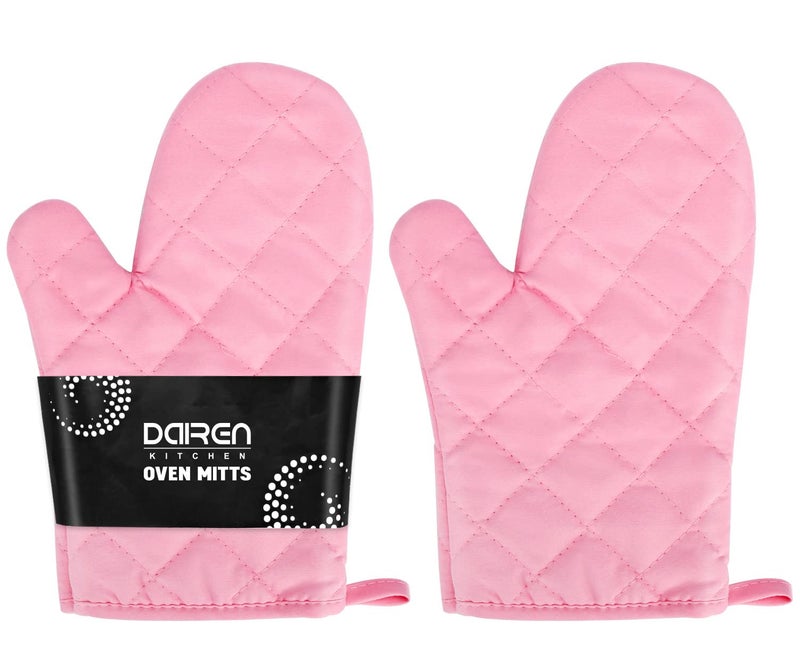 Heat Resistant Thick Cotton Oven Mitts Set Soft Quilted Lining Strong Grip Potholders for Hot Pans and Oven Kitchen Mitt Pair Protect Hands Cooking Baking BBQ Gloves 11 Inch Pink