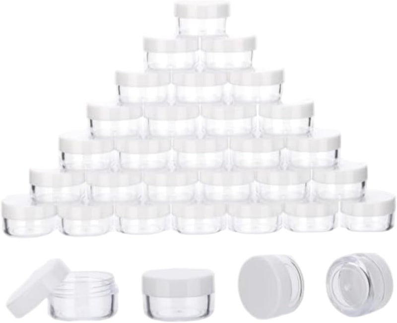 100 Count 5 Gram Sample Jars with White Lids, Empty Cosmetic Containers with Lids, 5ml Small Travel Makeup Containers for Cream, Glitter, Beads - Includes Labels & Mini Spatulas Small travel makeup - Image 1