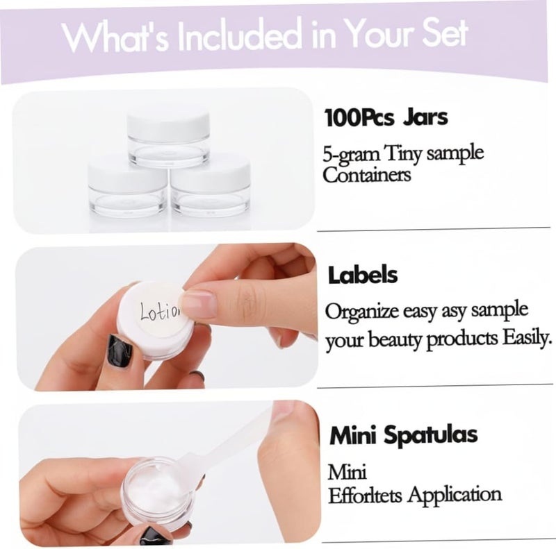 100 Count 5 Gram Sample Jars with White Lids, Empty Cosmetic Containers with Lids, 5ml Small Travel Makeup Containers for Cream, Glitter, Beads - Includes Labels & Mini Spatulas Small travel makeup - Image 5