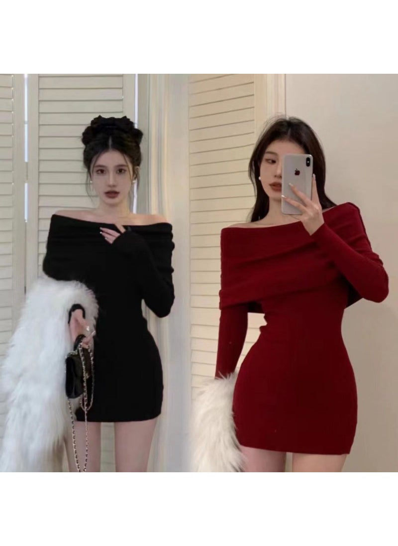 Generic - Red Knitted Long Sleeve One Shoulder Dress Womens Slim Fit Bodycon Skirt Wrap around Midriff Baring Street Style Dress big red - Image 1