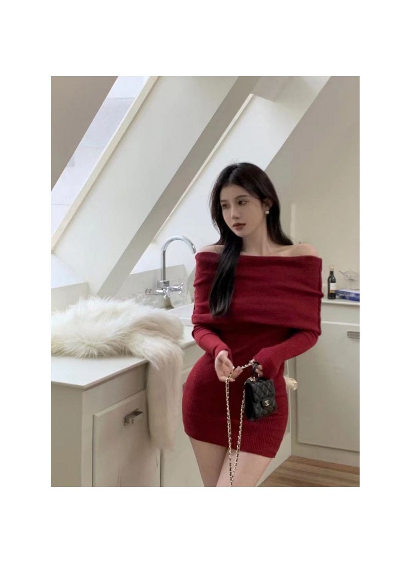 Generic - Red Knitted Long Sleeve One Shoulder Dress Womens Slim Fit Bodycon Skirt Wrap around Midriff Baring Street Style Dress big red - Image 1