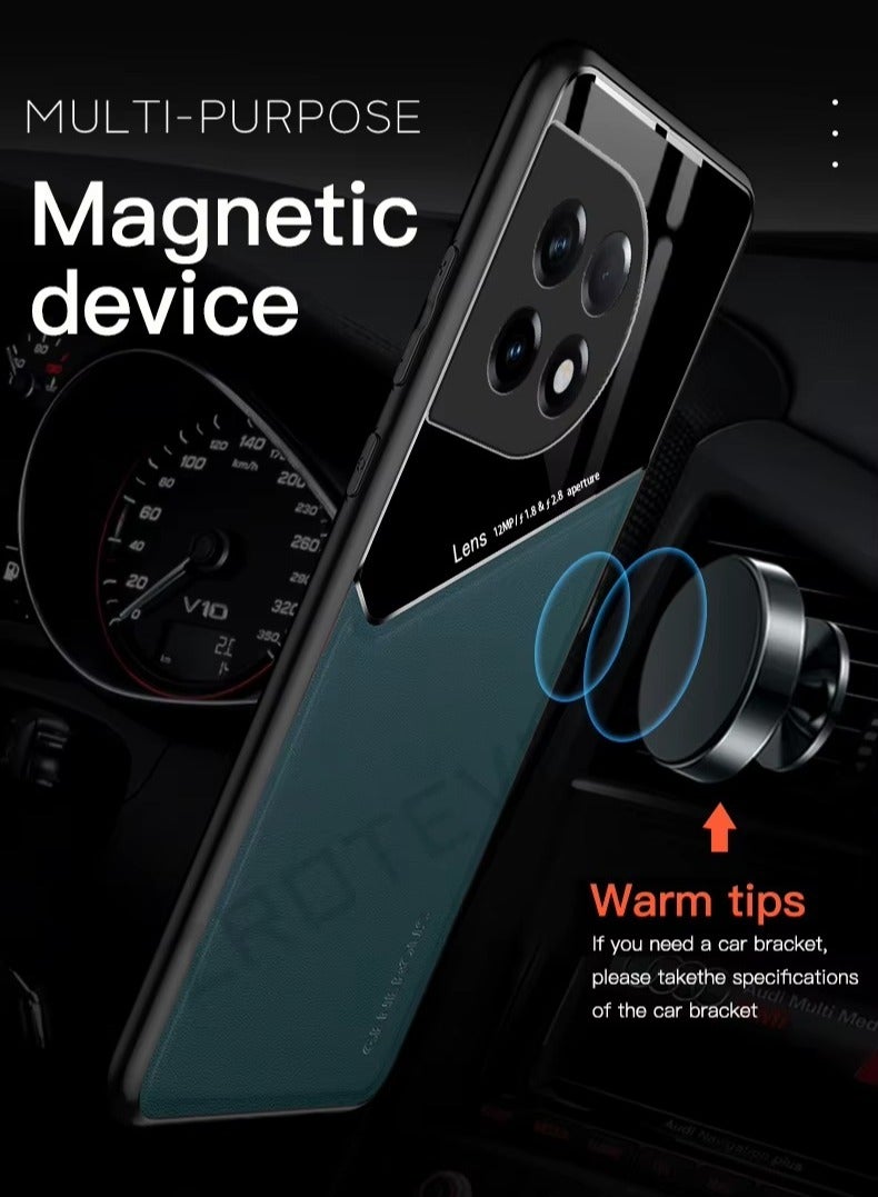 Case Compatible With Oneplus 12, Cover Luxury Leather And Glass With Car Magnetic Holder Phone Cover Soft Frame Silicone - Orange - Image 2