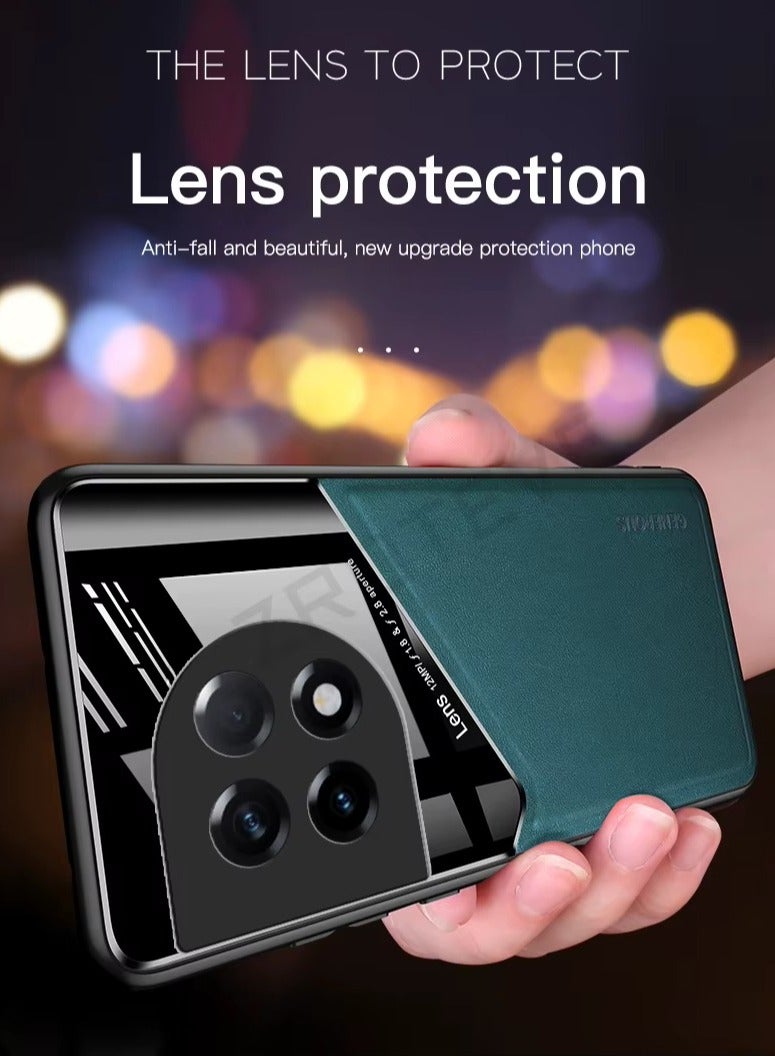 Case Compatible With Oneplus 12, Cover Luxury Leather And Glass With Car Magnetic Holder Phone Cover Soft Frame Silicone - Orange - Image 3