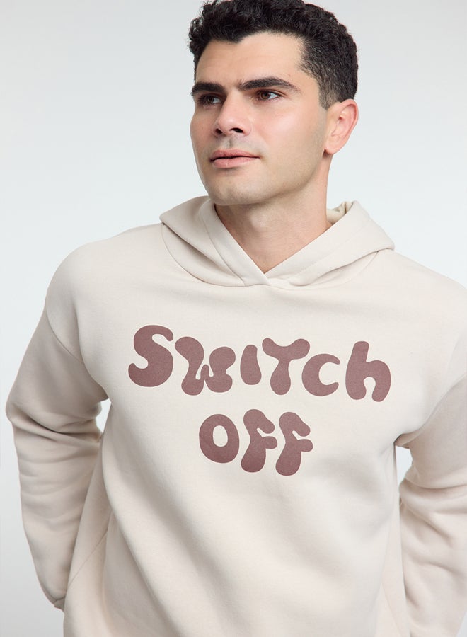 trendyol Beige Oversize/Wide Cut Text Printed Hooded Fleece Sweatshirt - Image 2