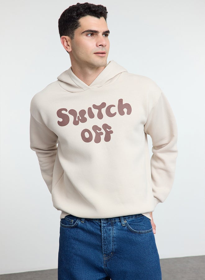 trendyol Beige Oversize/Wide Cut Text Printed Hooded Fleece Sweatshirt - Image 1