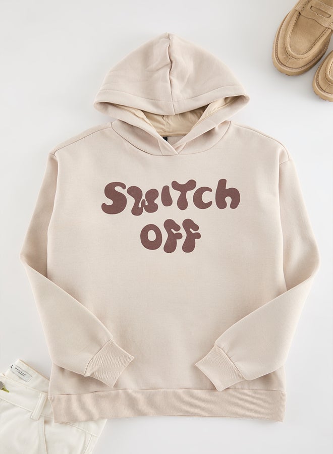 trendyol Beige Oversize/Wide Cut Text Printed Hooded Fleece Sweatshirt - Image 5