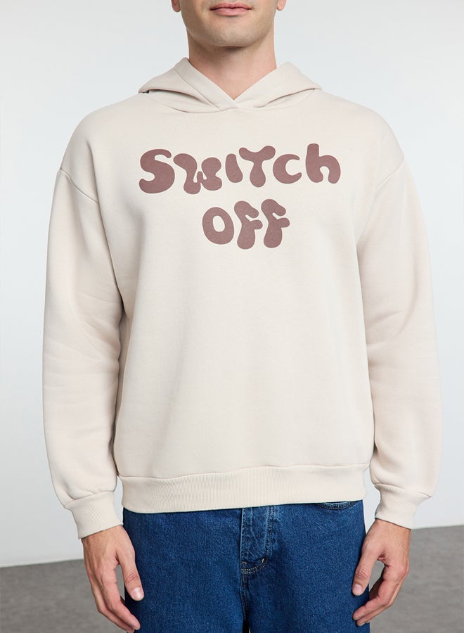 trendyol Beige Oversize/Wide Cut Text Printed Hooded Fleece Sweatshirt - Image 3