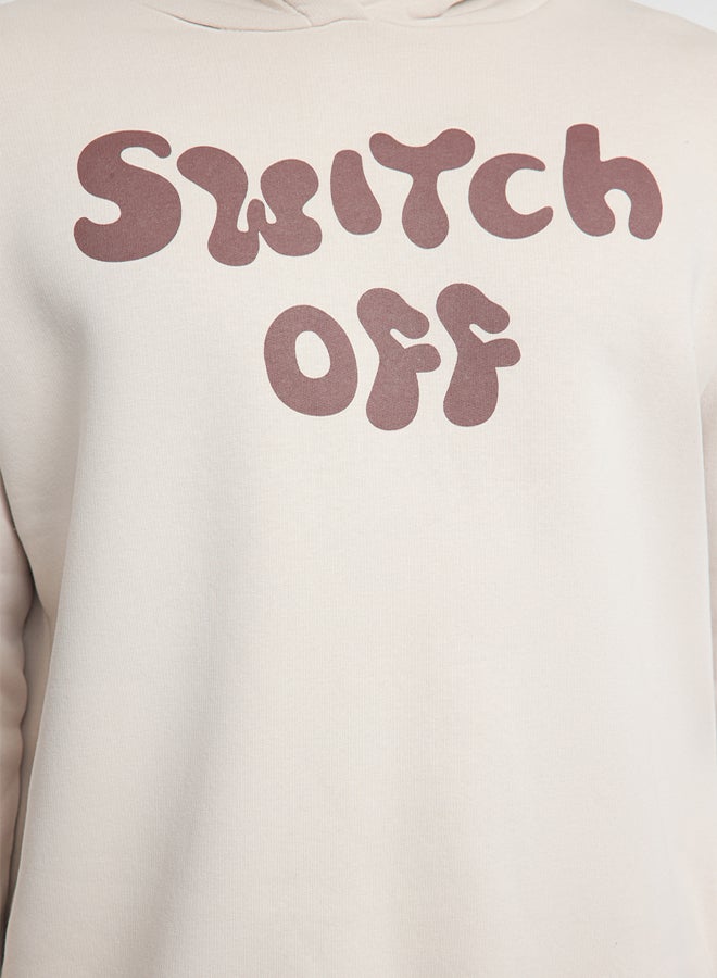 trendyol Beige Oversize/Wide Cut Text Printed Hooded Fleece Sweatshirt - Image 4
