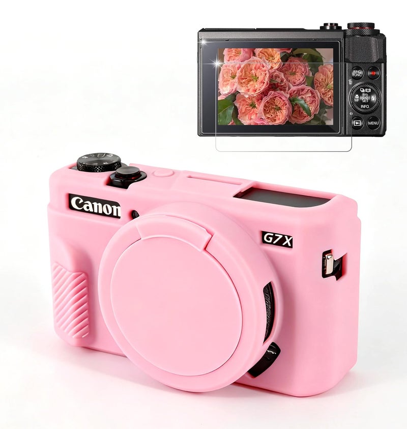 جراب Frevyve لكاميرا Canon G7X Mark II G7X، جراب حماية من السيليكون الناعم، غطاء Powershot G7X Mark II مع غطاء عدسة قابل للإزالة وواقي شاشة، ملحقات نحيف مقاوم للخدش (وردي) - Image 1