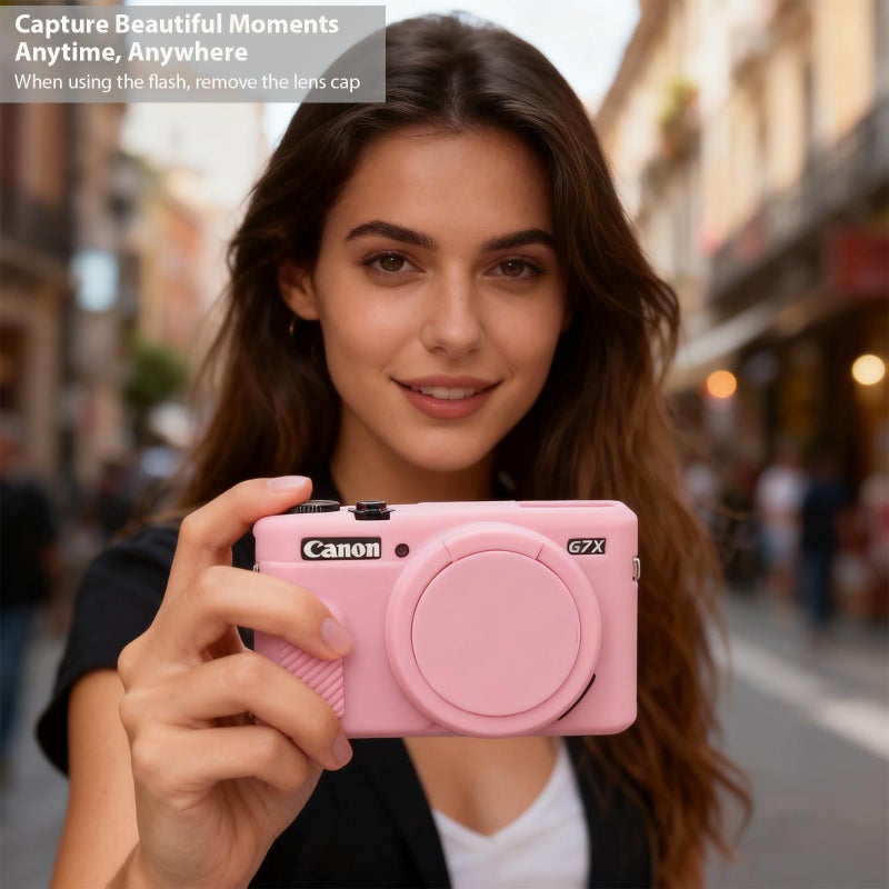 جراب Frevyve لكاميرا Canon G7X Mark II G7X، جراب حماية من السيليكون الناعم، غطاء Powershot G7X Mark II مع غطاء عدسة قابل للإزالة وواقي شاشة، ملحقات نحيف مقاوم للخدش (وردي) - Image 2