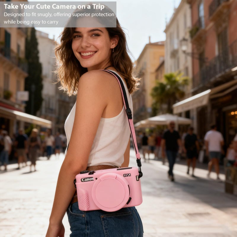 جراب Frevyve لكاميرا Canon G7X Mark II G7X، جراب حماية من السيليكون الناعم، غطاء Powershot G7X Mark II مع غطاء عدسة قابل للإزالة وواقي شاشة، ملحقات نحيف مقاوم للخدش (وردي) - Image 3