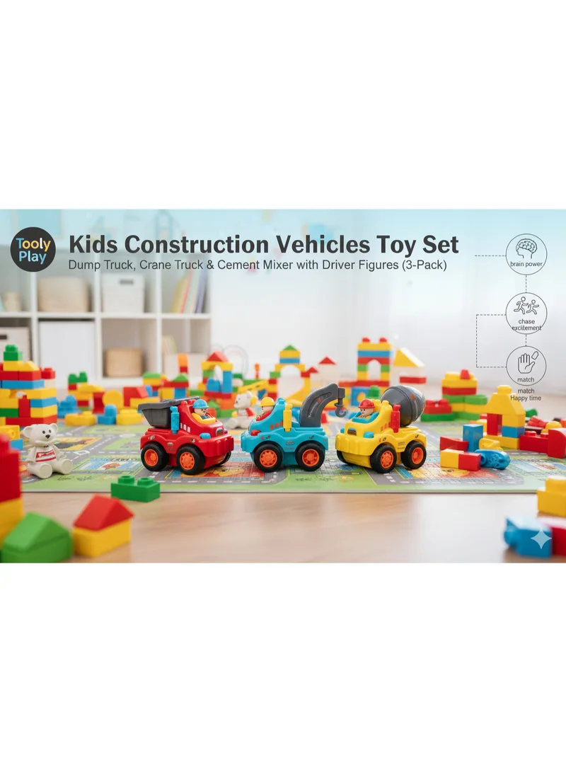 TOOLY Kids Construction Vehicles Toy Set – Dump Truck, Crane Truck & Cement Mixer with Driver Figures (3-Pack)