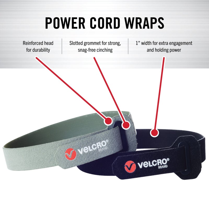 VELCRO Brand أشرطة لف الكابلات من علامة فيلكرو | 24 بوصة أشرطة ثقيلة إضافية طويلة لكابلات التمديد، الخراطيم، تنظيم المرآب | عبوة من 2 | رأس معزز مع حلقة مثقوبة | أسود ورمادي - Image 2