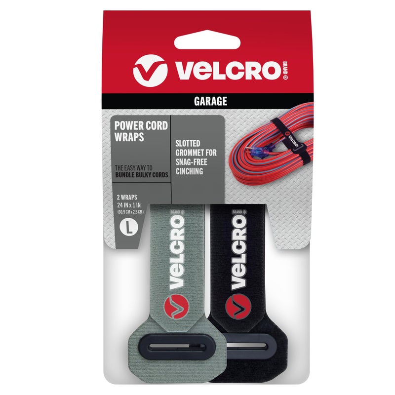 VELCRO Brand أشرطة لف الكابلات من علامة فيلكرو | 24 بوصة أشرطة ثقيلة إضافية طويلة لكابلات التمديد، الخراطيم، تنظيم المرآب | عبوة من 2 | رأس معزز مع حلقة مثقوبة | أسود ورمادي - Image 1