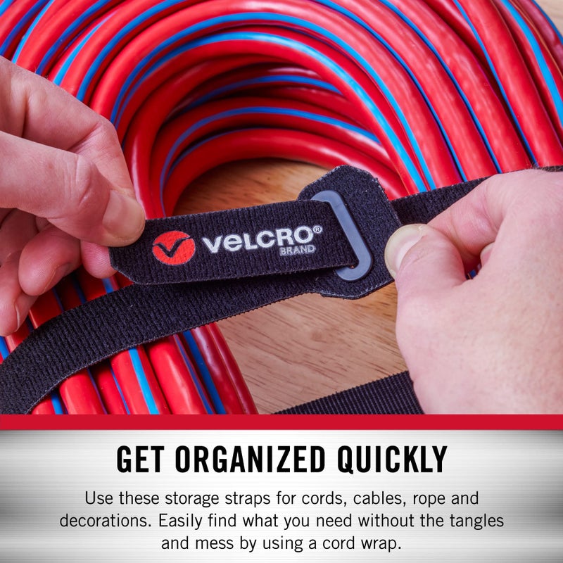 VELCRO Brand أشرطة لف الكابلات من علامة فيلكرو | 24 بوصة أشرطة ثقيلة إضافية طويلة لكابلات التمديد، الخراطيم، تنظيم المرآب | عبوة من 2 | رأس معزز مع حلقة مثقوبة | أسود ورمادي - Image 3