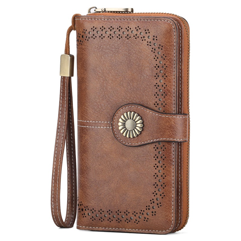 Women's Long Waxed PU Leather Wallet, Vintage Style, Large Capacity - Image 5