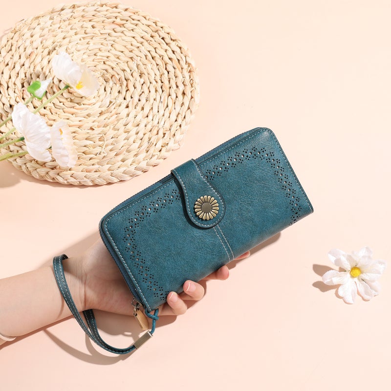 Women's Long Waxed PU Leather Wallet, Vintage Style, Large Capacity - Image 4