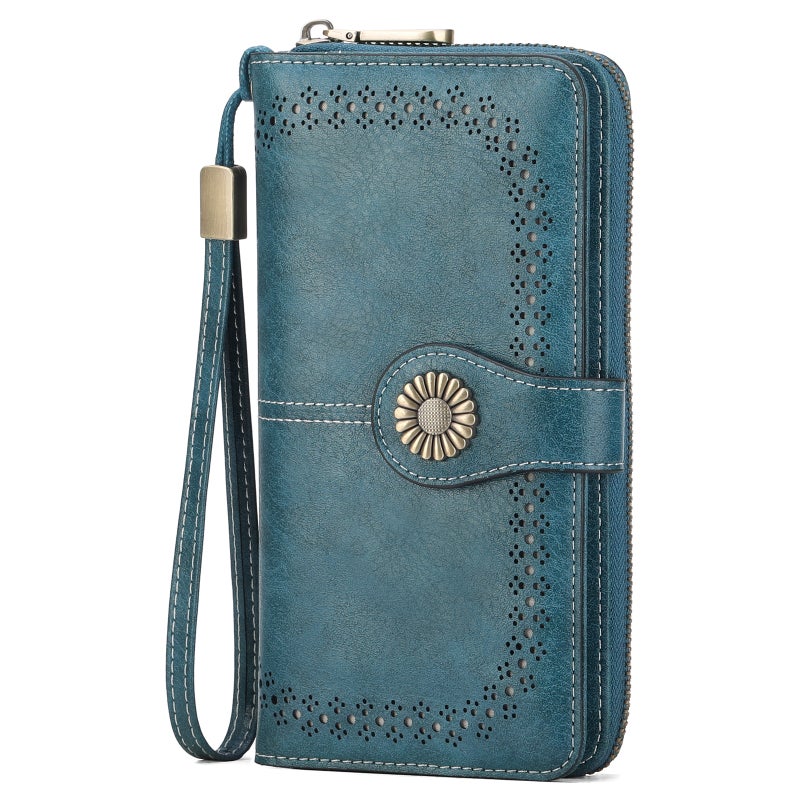 Women's Long Waxed PU Leather Wallet, Vintage Style, Large Capacity - Image 1