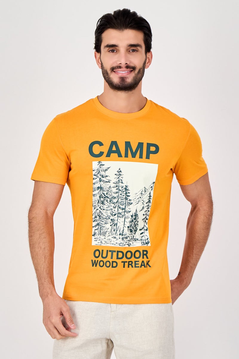 Celio Men Crew Neck Short Sleeve Graphic Print T-Shirt, Orange - Image 1